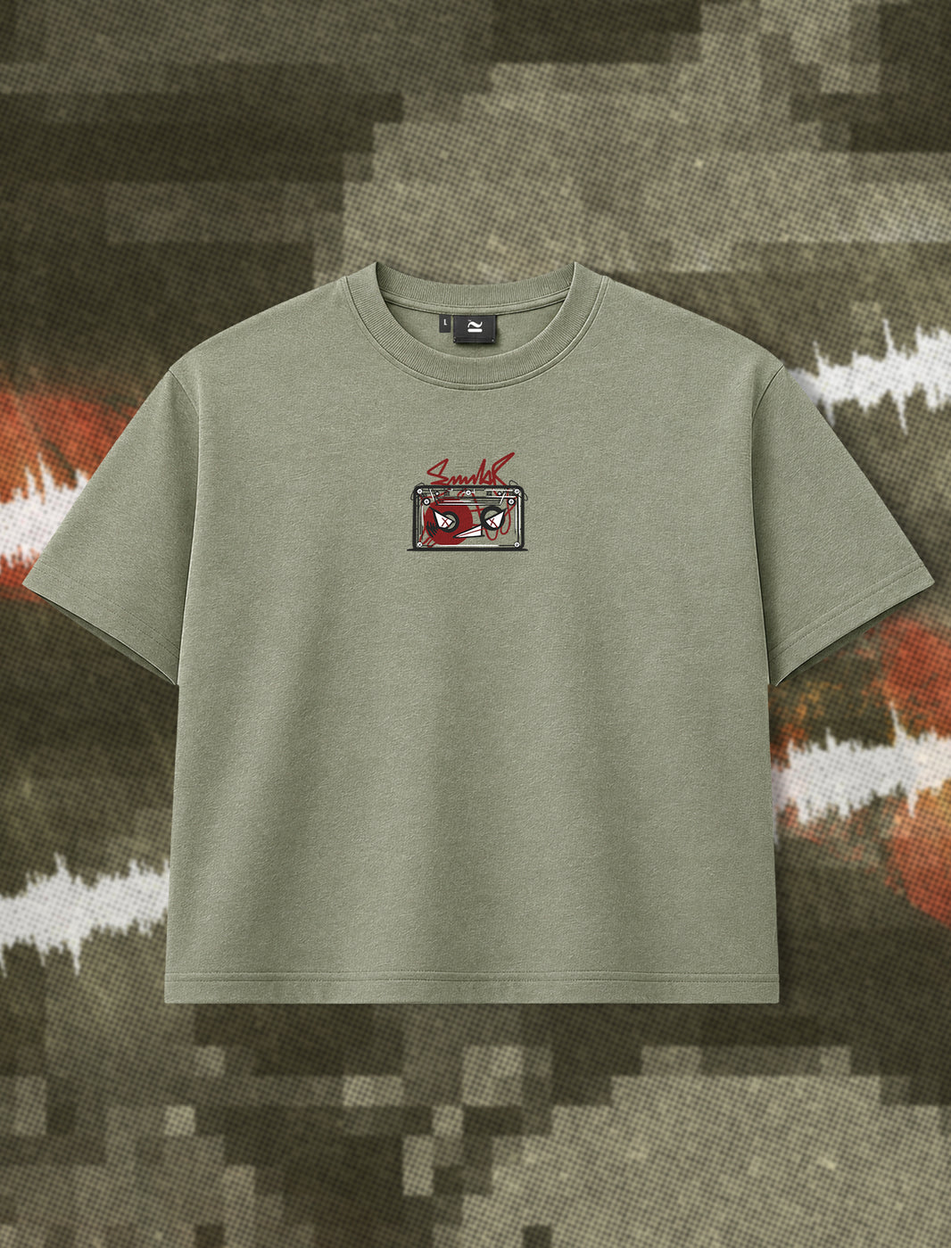 Sabotage green cropped boxy graphic t-shirt front view by Similar Club, Ruido Collection 02